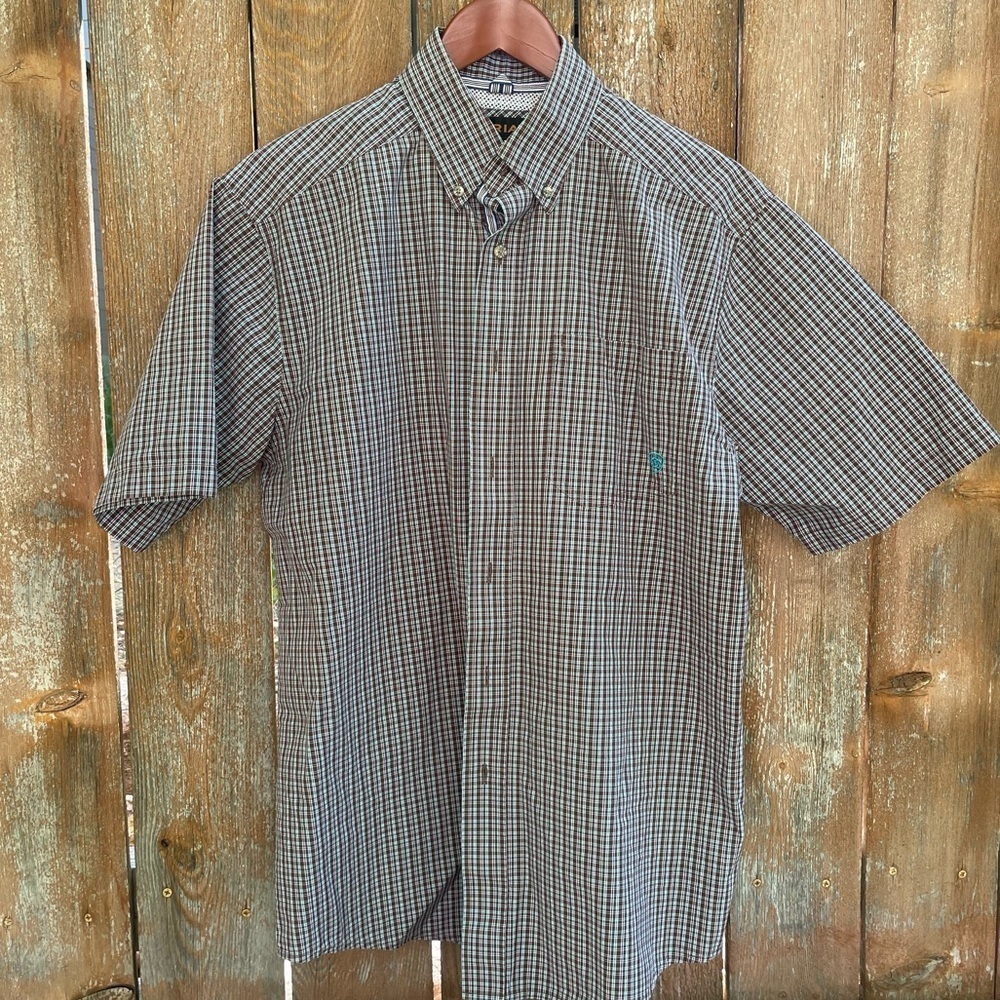 ARIAT Pro‎ Series Men's Brown White Plaid Button Down Short Sleeve Shirt Medium
